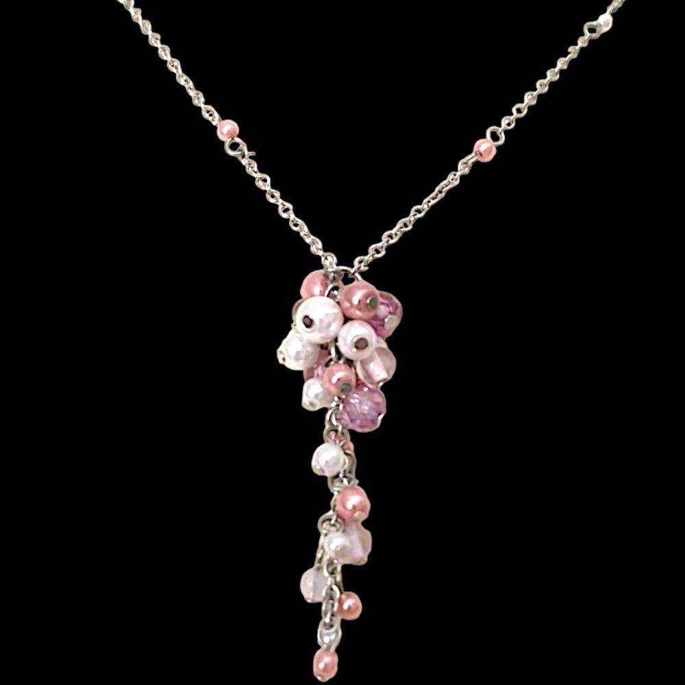 Pink Beaded Cluster Tassel Necklace Pendant Faux Pearl Pendant Y2K Coquette - Picture 12 of 16